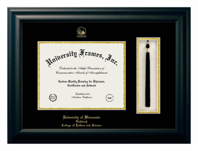 University of Wisconsin Oshkosh College of Letters and Science Diploma with Tassel Box Frame in Satin Black with Black & Gold Mats for DOCUMENT: 8 1/2"H X 11"W  