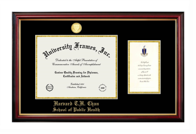 Diploma with Announcement Frame in Petite Mahogany with Gold Trim with Black & Gold Mats for DOCUMENT: 8 1/2"H X 11"W  ,  7"H X 4"W  