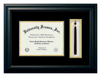 Upper Iowa University - Des Moines Diploma with Tassel Box Frame in Satin Black with Black & Gold Mats for DOCUMENT: 8 1/2"H X 11"W  