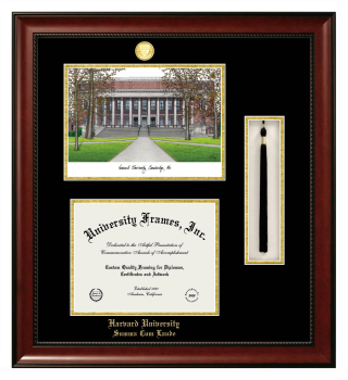 Double Opening with Campus Image & Tassel Box (Stacked) Frame in Avalon Mahogany with Black & Gold Mats for DOCUMENT: 8 1/2"H X 11"W  