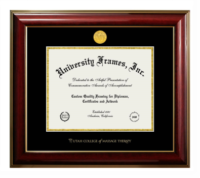 Utah College of Massage Therapy Diploma Frame in Classic Mahogany with Gold Trim with Black & Gold Mats for DOCUMENT: 8 1/2"H X 11"W  