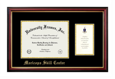 Diploma with Announcement Frame in Petite Mahogany with Gold Trim with Black & Gold Mats for DOCUMENT: 8 1/2"H X 11"W  ,  7"H X 4"W  