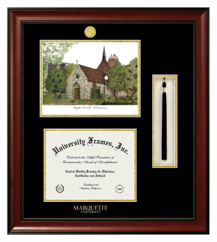 Marquette University Double Opening with Campus Image & Tassel Box (Stacked) Frame in Avalon Mahogany with Black & Gold Mats for DOCUMENT: 8 1/2"H X 11"W  