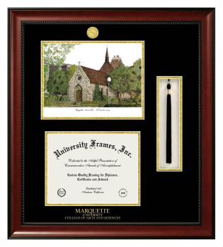 Double Opening with Campus Image & Tassel Box (Stacked) Frame in Avalon Mahogany with Black & Gold Mats for DOCUMENT: 8 1/2"H X 11"W  