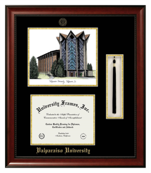 Double Opening with Campus Image & Tassel Box (Stacked) Frame in Avalon Mahogany with Black & Gold Mats for DOCUMENT: 8 1/2"H X 11"W  