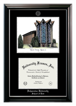 Double Opening with Campus Image (Stacked) Frame in Classic Ebony with Silver Trim with Black & Silver Mats for DOCUMENT: 8 1/2"H X 11"W  