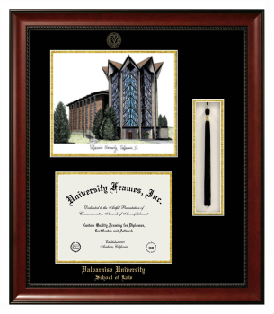 Double Opening with Campus Image & Tassel Box (Stacked) Frame in Avalon Mahogany with Black & Gold Mats for DOCUMENT: 8 1/2"H X 11"W  