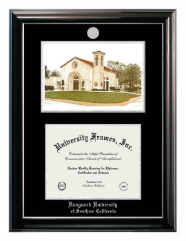 Double Opening with Campus Image (Stacked) Frame in Classic Ebony with Silver Trim with Black & Silver Mats for DOCUMENT: 8 1/2"H X 11"W  