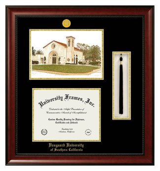 Double Opening with Campus Image & Tassel Box (Stacked) Frame in Avalon Mahogany with Black & Gold Mats for DOCUMENT: 8 1/2"H X 11"W  