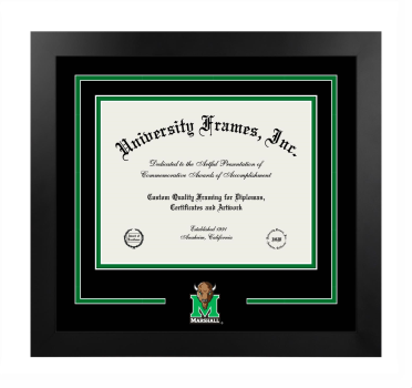 Marshall University Logo Mat Frame in Manhattan Black with Black & Kelly Green Mats for DOCUMENT: 8 1/2"H X 11"W  