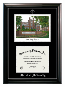 Marshall University Double Opening with Campus Image (Stacked) Frame in Classic Ebony with Silver Trim with Black & Silver Mats for DOCUMENT: 8 1/2"H X 11"W  