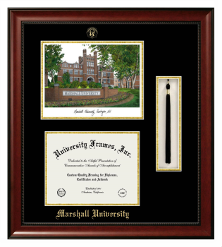 Marshall University Double Opening with Campus Image & Tassel Box (Stacked) Frame in Avalon Mahogany with Black & Gold Mats for DOCUMENT: 8 1/2"H X 11"W  