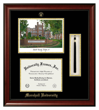 Double Opening with Campus Image & Tassel Box (Stacked) Frame in Avalon Mahogany with Black & Gold Mats for DOCUMENT: 8 1/2"H X 11"W  