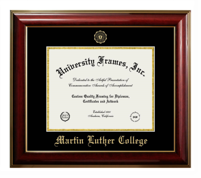 Martin Luther College Diploma Frame in Classic Mahogany with Gold Trim with Black & Gold Mats for DOCUMENT: 8 1/2"H X 11"W  