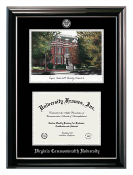 Double Opening with Campus Image (Stacked) Frame in Classic Ebony with Silver Trim with Black & Silver Mats for DOCUMENT: 8 1/2"H X 11"W  