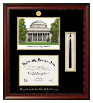Massachusetts Institute of Technology Double Opening with Campus Image & Tassel Box (Stacked) Frame in Avalon Mahogany with Black & Gold Mats for DOCUMENT: 8 1/2"H X 11"W  
