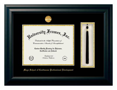 Mayo School of Continuous Professional Development (former name) Diploma with Tassel Box Frame in Satin Black with Black & Gold Mats for DOCUMENT: 8 1/2"H X 11"W  