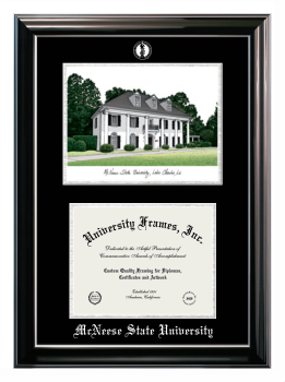 McNeese State University Double Opening with Campus Image (Stacked) Frame in Classic Ebony with Silver Trim with Black & Silver Mats for DOCUMENT: 8 1/2"H X 11"W  