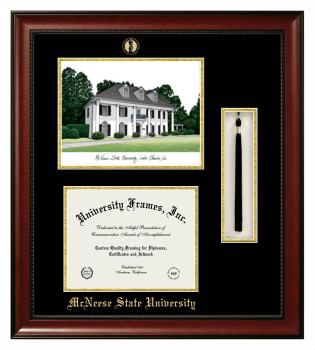 McNeese State University Double Opening with Campus Image & Tassel Box (Stacked) Frame in Avalon Mahogany with Black & Gold Mats for DOCUMENT: 8 1/2"H X 11"W  