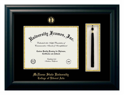 McNeese State University College of Liberal Arts Diploma with Tassel Box Frame in Satin Black with Black & Gold Mats for DOCUMENT: 8 1/2"H X 11"W  