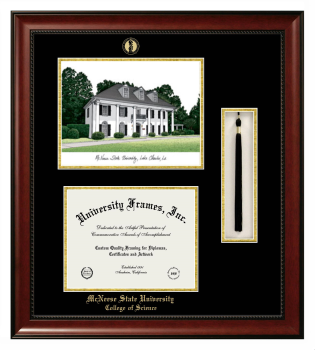 Double Opening with Campus Image & Tassel Box (Stacked) Frame in Avalon Mahogany with Black & Gold Mats for DOCUMENT: 8 1/2"H X 11"W  