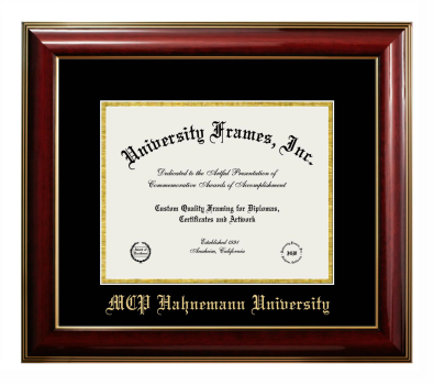 MCP Hahnemann University Diploma Frame in Classic Mahogany with Gold Trim with Black & Gold Mats for DOCUMENT: 8 1/2"H X 11"W  