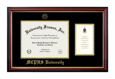 Diploma with Announcement Frame in Petite Mahogany with Gold Trim with Black & Gold Mats for DOCUMENT: 8 1/2"H X 11"W  ,  7"H X 4"W  