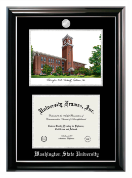 Double Opening with Campus Image (Stacked) Frame in Classic Ebony with Silver Trim with Black & Silver Mats for DOCUMENT: 8 1/2"H X 11"W  