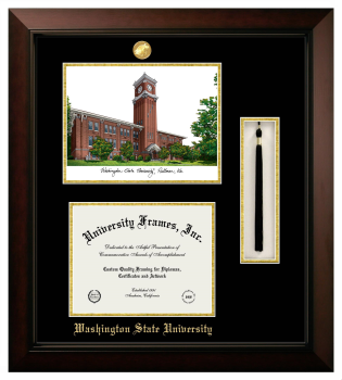 Double Opening with Campus Image & Tassel Box (Stacked) Frame in Legacy Black Cherry with Black & Gold Mats for DOCUMENT: 8 1/2"H X 11"W  