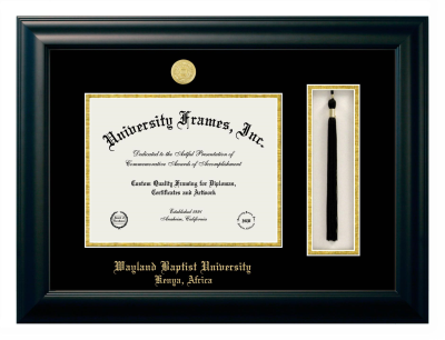 Wayland Baptist University Kenya, Africa Diploma with Tassel Box Frame in Satin Black with Black & Gold Mats for DOCUMENT: 8 1/2"H X 11"W  