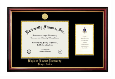 Diploma with Announcement Frame in Petite Mahogany with Gold Trim with Black & Gold Mats for DOCUMENT: 8 1/2"H X 11"W  ,  7"H X 4"W  