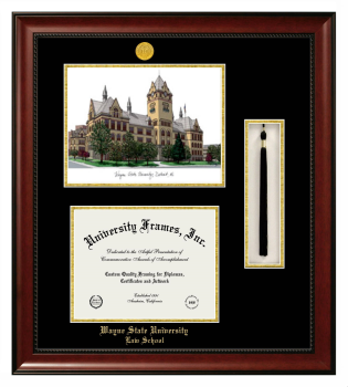 Double Opening with Campus Image & Tassel Box (Stacked) Frame in Avalon Mahogany with Black & Gold Mats for DOCUMENT: 8 1/2"H X 11"W  