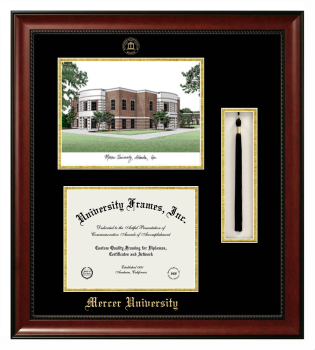 Mercer University Double Opening with Campus Image & Tassel Box (Stacked) Frame in Avalon Mahogany with Black & Gold Mats for DOCUMENT: 8 1/2"H X 11"W  