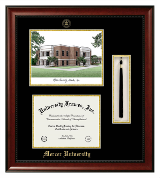 Double Opening with Campus Image & Tassel Box (Stacked) Frame in Avalon Mahogany with Black & Gold Mats for DOCUMENT: 8 1/2"H X 11"W  