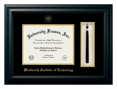 Wentworth Institute of Technology Diploma with Tassel Box Frame in Satin Black with Black & Gold Mats for DOCUMENT: 8 1/2"H X 11"W  