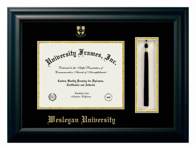 Wesleyan University Diploma with Tassel Box Frame in Satin Black with Black & Gold Mats for DOCUMENT: 8 1/2"H X 11"W  