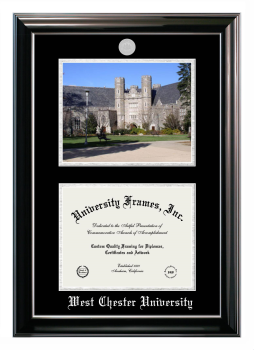 Double Opening with Campus Image (Stacked) Frame in Classic Ebony with Silver Trim with Black & Silver Mats for DOCUMENT: 8 1/2"H X 11"W  