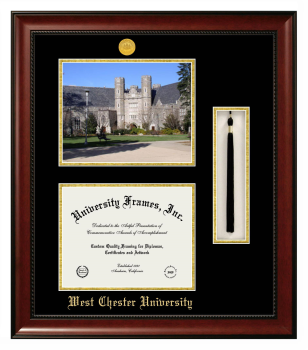 Double Opening with Campus Image & Tassel Box (Stacked) Frame in Avalon Mahogany with Black & Gold Mats for DOCUMENT: 8 1/2"H X 11"W  