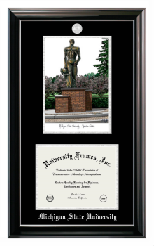 Michigan State University Double Opening with Campus Image (Stacked) Frame in Classic Ebony with Silver Trim with Black & Silver Mats for DOCUMENT: 8 1/2"H X 11"W  