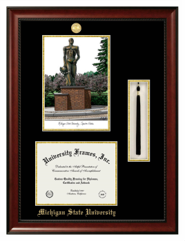 Michigan State University Double Opening with Campus Image & Tassel Box (Stacked) Frame in Avalon Mahogany with Black & Gold Mats for DOCUMENT: 8 1/2"H X 11"W  