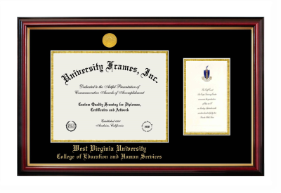 Diploma with Announcement Frame in Petite Mahogany with Gold Trim with Black & Gold Mats for DOCUMENT: 8 1/2"H X 11"W  ,  7"H X 4"W  