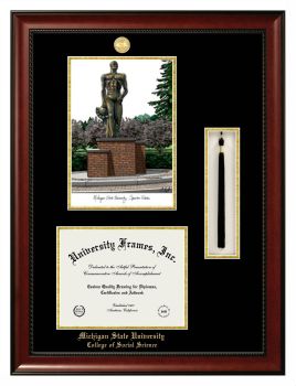 Double Opening with Campus Image & Tassel Box (Stacked) Frame in Avalon Mahogany with Black & Gold Mats for DOCUMENT: 8 1/2"H X 11"W  