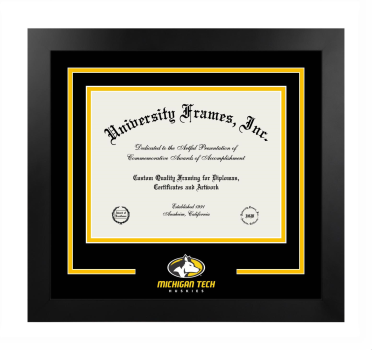 Michigan Technological University Logo Mat Frame in Manhattan Black with Black & Amber Mats for DOCUMENT: 8 1/2"H X 11"W  