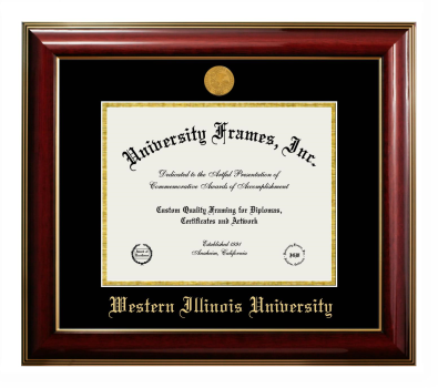 Western Illinois University Diploma Frame in Classic Mahogany with Gold Trim with Black & Gold Mats for DOCUMENT: 8 1/2"H X 11"W  