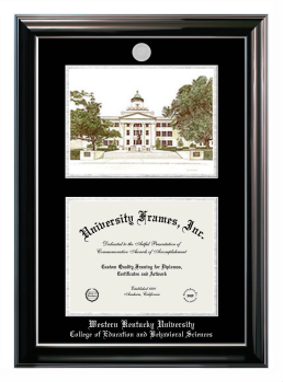 Double Opening with Campus Image (Stacked) Frame in Classic Ebony with Silver Trim with Black & Silver Mats for DOCUMENT: 8 1/2"H X 11"W  