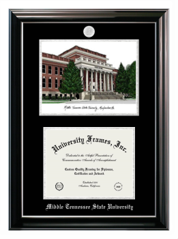 Middle Tennessee State University Double Opening with Campus Image (Stacked) Frame in Classic Ebony with Silver Trim with Black & Silver Mats for DOCUMENT: 8 1/2"H X 11"W  