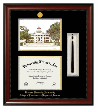 Double Opening with Campus Image & Tassel Box (Stacked) Frame in Avalon Mahogany with Black & Gold Mats for DOCUMENT: 8 1/2"H X 11"W  