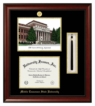 Double Opening with Campus Image & Tassel Box (Stacked) Frame in Avalon Mahogany with Black & Gold Mats for DOCUMENT: 8 1/2"H X 11"W  