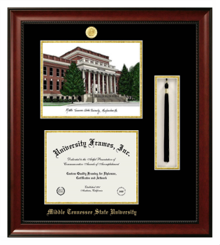 Middle Tennessee State University Double Opening with Campus Image & Tassel Box (Stacked) Frame in Avalon Mahogany with Black & Gold Mats for DOCUMENT: 8 1/2"H X 11"W  