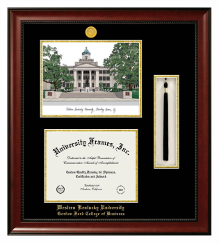 Double Opening with Campus Image & Tassel Box (Stacked) Frame in Avalon Mahogany with Black & Gold Mats for DOCUMENT: 8 1/2"H X 11"W  